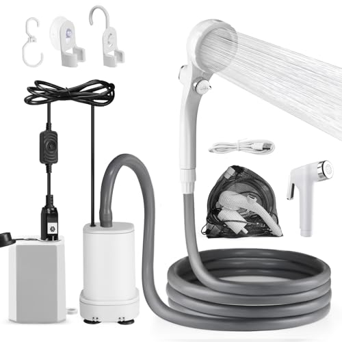 AUTOPkio Ducha de Camping portátil, 12V 24V Ducha de Campamento con 4500mAh Batería Recargable y Bomba para Caravana, Playa, Mascotas, Lavado de Coches (Blanco)