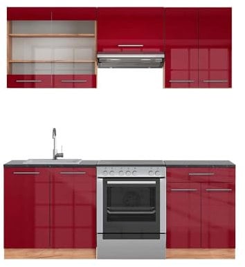 Vicco Küchenzeile Fame-Line, Bordeaux Hochglanz/Goldkraft Eiche, 200 cm, AP Anthrazit