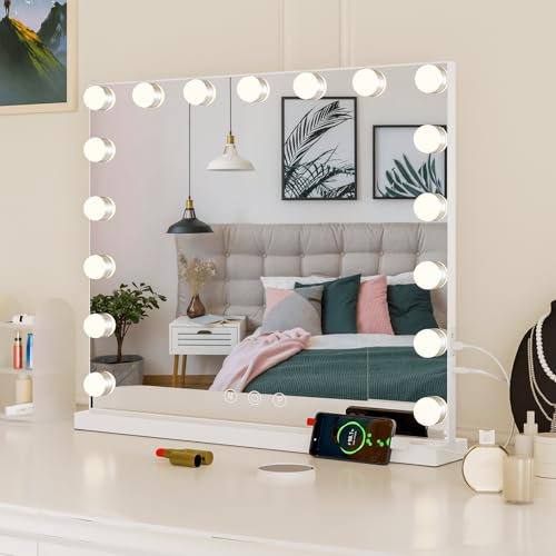 Teousev Schminkspiegel mit Beleuchtung, 60x52cm Hollywood Spiegel mit 17 LED-Glühbirnen, Dimmbarer Schminkspiegel für Make-Up