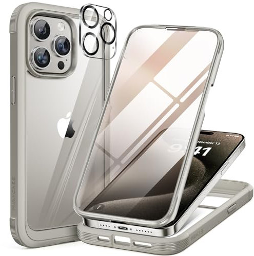 Miracase 360 Grad für iPhone 15 Pro Max Hülle mit Eingebaut Glas Schutzfolie, Komplettschutz HandyHülle Stoßfest Case für iPhone 15 Pro Max Schutzhüllen 6,7 Zoll, Titan