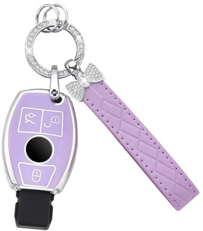 CARFIB Für Mercedes Schlüsselanhänger Cover 3 Tasten Auto Schlüsselanhänger Zubehör für Benz 250 GLC GLA AMG CLA GLK GLS Bling Schlüssel Hülle Lila