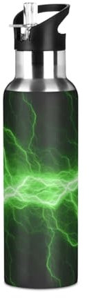 Yopersonalizes Insulated Water Bottle with Straw 600 ml/20 oz Green Lightning Stainless Steel Sports Water Bottles Leakproof Hot Cold Metal Drink Flask for Travel Gym