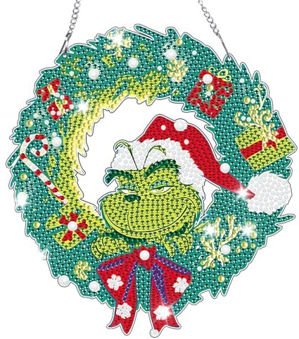 Kuaikely DIY 5D Diamond Painting Weihnachten Anhänger, Diamond Art Painting Weihnachtskranz Anhänger mit Kette, Diamond Painting für Kinder und Erwachsene für Fenster Wand Eingang Garten Decor(B)