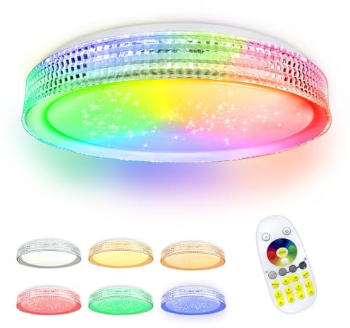 XMTECH 60W RGB LED Deckenleuchte Farbwechsel Deckenlampe Dimmbar Sternenhimmel-Effekt-Weißer Ring, 2800-6500K Lampe Deckenbeleuchtung mit Fernbedienung für Wohnzimmer Schlafzimmer Kinderzimmer Küche