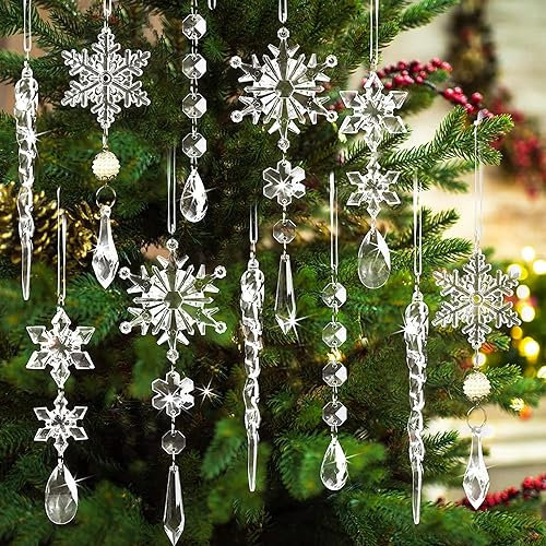 fdsmall Weihnachtsbaum Anhänger Set - Acryl Kristall Hängen Ornamente, Weihnachtskugeln, Schneeflocke, Eiszapfen Mit Lanyard - Klare Dekorationen für Winter, Neujahr (10)