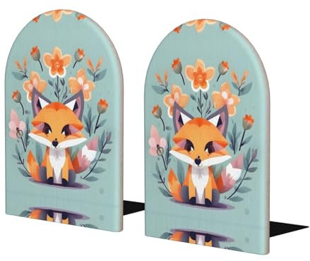Serre-livres en bois avec base en métal - Motif renard et fleurs