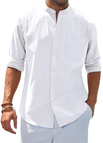 siliteelon Men's Shirts White Grandad Collar Long Sleeve Linen Shirts Regular Fit Banded Collar Summer Beach Shirt with Pocket,5XL