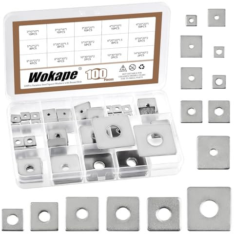 Wokape Lot de 100 rondelles carrées M3 M4 M5 M6 M8 M10 M14 (1/8, 1-1/2, 3/16, 1/4, 5/16, 3/8, 5-1/2) en acier inoxydable 304, rondelles rectangulaires et plates