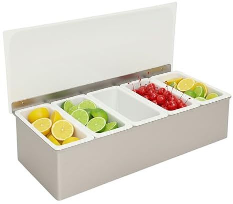 Chabrias Ltd Professional Stainless-Steel Condiment Dispenser - Food-Safe Compartment Back Bar Garnish Station | Removable Inserts with Flip Lid | Ideal for Bars, Pubs (Stainless Steel, 5 Compartment)