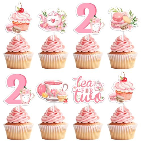 Balterever Tea for Two Birthday Party Decorations for Girls 36PCS Tea for 2 Bday Cupcake Toppers Pink Floral Teapot Theme Bday Party Decors for Teapot Second Birthday Supplies