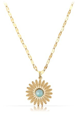 Made by Nami Sonnenblumen Halskette Damen Gold aus Chirurgischem Edelstahl 40 + 5 cm Gänseblümchen Kette mit Edelstein Anhänger Wasserfester Schmuck Gold Boho Schmuck Damen (Türkis)