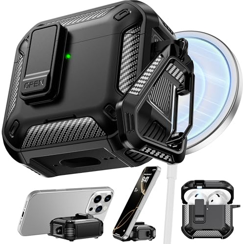 RFUNGUANGO AirPods 4 Hülle, MagSafe Reinigungsset Handyhalter, Schwarz | Magnetische MagSafe-Ladung, stoßfeste Schutzhülle mit Reinigungsset & Handyhalter, passend für Apple AirPods 4 Generation