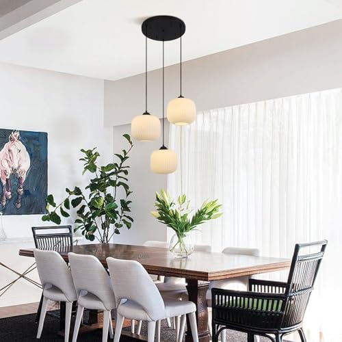 Stesulfr Suspension moderne à 3 lumières pour îlot de cuisine lustre globe noir abat-jour en verre blanc opale salle à manger salon chambre à coucher bar lampe suspendue réglable luminaire d'intérieur