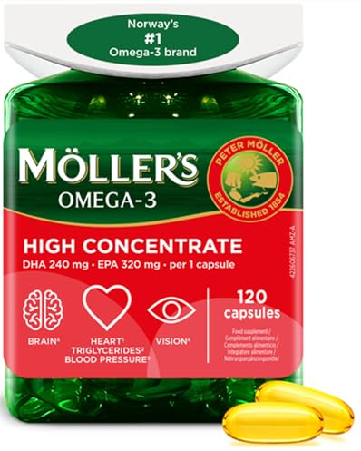Moller’s ® | High Concentrate | Omega-3 | Premium-Fischöl | Hochdosiert bis zu 3360 mg EPA+DHA pro Tagesdosis | in Triglyceridform | für Gehirn, Sehkraft, Herz, Blutdruck | 120 Weichkapseln