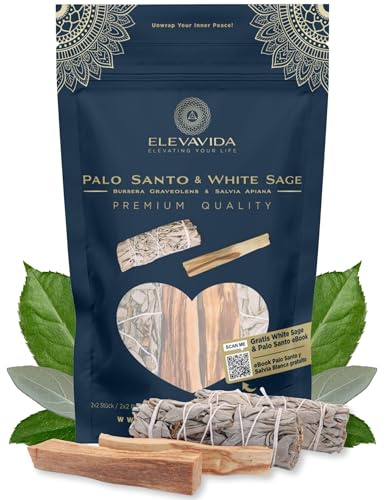 ELEVAVIDA Set 2X Weißer Salbei (Salvia Apiana) aus Kalifornien & 2X Palo Santo aus Peru zum Räuchern, Räucherbündel White Sage & Palo Santo Smudge Sticks, Räucherwerk zur energetischen Reinigung