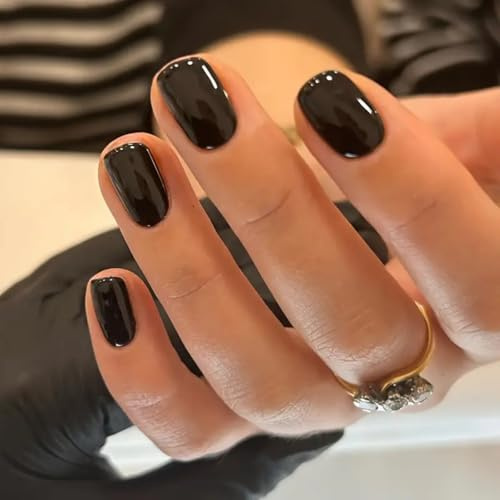 Black Nails, 32PCS Short Press On Nails in 16 Sizes | False Nails for Halloween Women Girls Nail Art Accessories