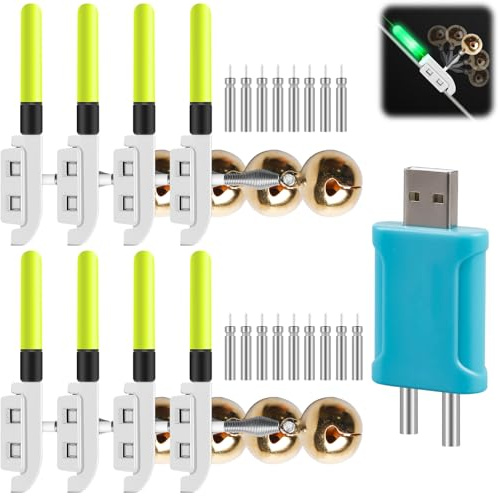 GAOUTO 8 indicatori di morso da pesca, luce notturna per pesca notturna, indicatore di morso scambisti, allarme di morso per canna da pesca, con 1 caricatore e 7 batterie