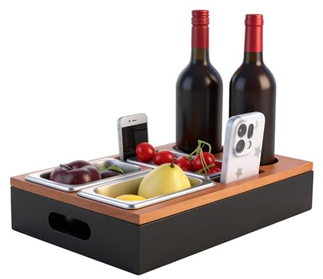 Ghligna Couch Caddy, Couch Bar Sofa Buddy Cup Holder, Wooden Movie Night Snack Tray with Stainless Steel Bowls, Drink, Wine Glasses