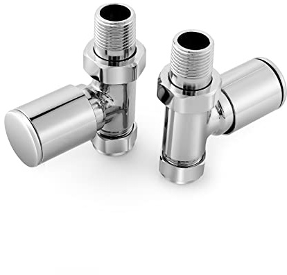 EMKE Chrome Radiator Valves 15 mm, Brass Towel Rail Valve Set | Solid brass radiator valve set with chrome finish, 15 mm connections and ON/OFF and lockshield valves for heating systems.