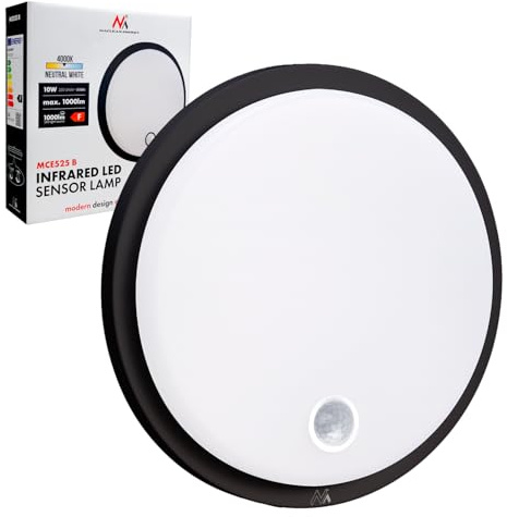 Maclean MCE525 LED-Lampe mit Bewegungssensor | PIR 10 W IP65 Neutral 4000 K 1000 lm Deckenleuchte für den Außen- und Innenbereich mit Dauerbetrieb | Energieklasse F (Schwarz)