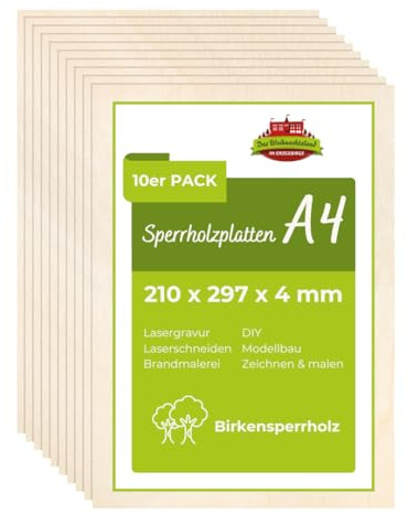 Erzwelt - Sperrholzplatte 4mm – Bastelholz – 10 Stück A4 (210 x 297mm) | Holzplatte aus Birke – Holz zum Basteln für Laserschneiden, Lasergravur, Modellbau, DIY, Brandmalerei & Deko