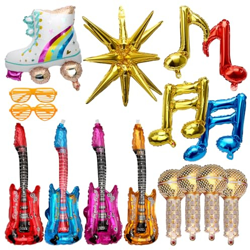 16 Stück Aufblasbare Instrumente Party Ballons Set | Luftgitarren zum Aufblasen, Inflatable Musikinstrumente Zubehör, 70 80er Karaoke Deko für Kinder Erwachsene Party Dekoration