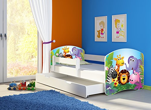 CLAMARO 'Fantasia Weiß' 160 x 80 Kinderbett Set inkl. Matratze, Lattenrost und mit Bettkasten Schublade, mit verstellbarem Rausfallschutz und Kantenschutzleisten, Design: 01 Tierpark-1