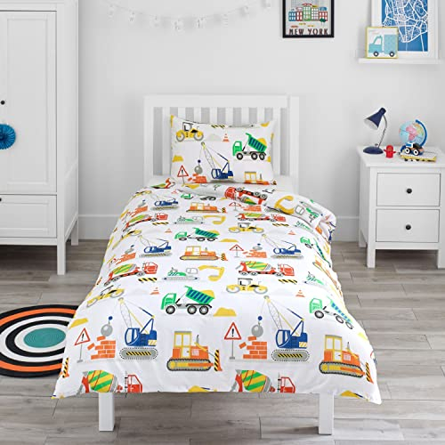 Bloomsbury Mill - Set biancheria da letto per bambini - Escavatrici, Camion e Gru – Set Copripiumino Lettino e federa per Ragazzi e Ragazee - Lenzuola Culla per junior e bambino - 120 x 150 cm