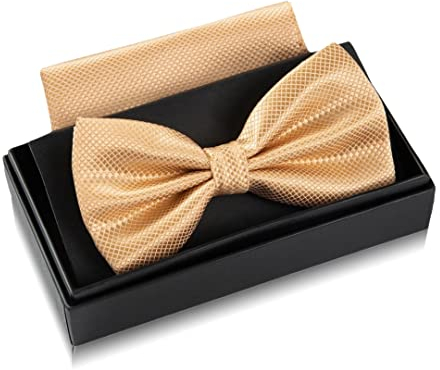 Massi Morino Fliege Beige mit Einstecktuch für Herren Set - Anzug Herrenfliege zur Hochzeit - Verstellbare Schleife in Champagner-Farbe