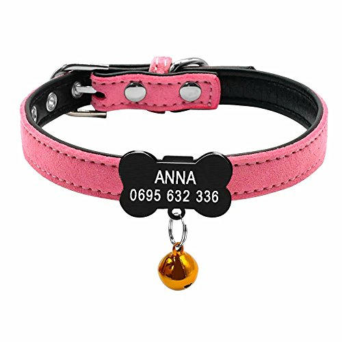 Didog Soft Suede Leather Personalized Custom Pet Collar,Black Bone Shaped Slippable Engraving ID Tag Collar,Perfect for Puppy Small Dogs,Pink,XXS Size