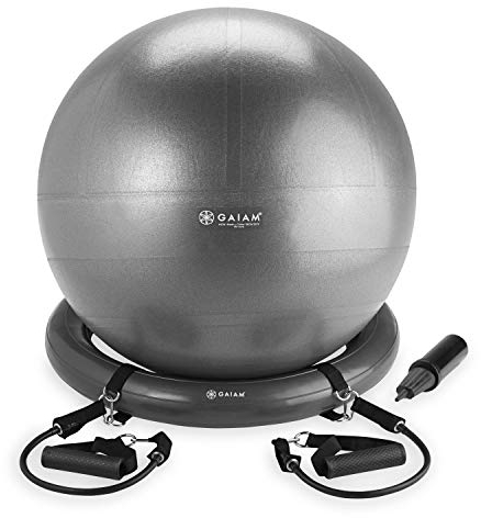 Gaiam Balance Ball, Base & Resistance Band Kit, 65cm Yoga Ball Chair, Exercise Ball with Inflatable Ring Base for Home or Office Desk, Includes Air Pump, Grey