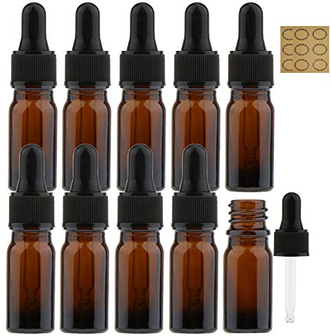 Alledomain 10Pcs, 10ml Amber Glass Bottles with Dropper Pipettes, Mini Empty Dropper Bottles Plastic Black Cap Refillable Sample Container for Essential Oil/Aromatherapy Blends/Chemical Liquid