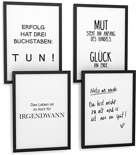 Papierschmiede® Premium Spruchbilder Set 4er mit Rahmen, DIN A4 fertig gerahmt (Material und Farbe wählbar) Motiv: Selbstmotivation, Bilder Set mit Sprüchen, Poster Typografie Wohnzimmer, Mut Glück