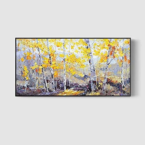 MWMG Ölbilder Auf Leinwand Handgemalt,Weiße Birke Waldstamm Gelbes Blatt Natur Pflanze Spachtel Textur Große Ölgemälde Kunst Moderne Abstrakte Kunstwerke Leinwand Wandkunst Gemälde Wohnzimmer Schla