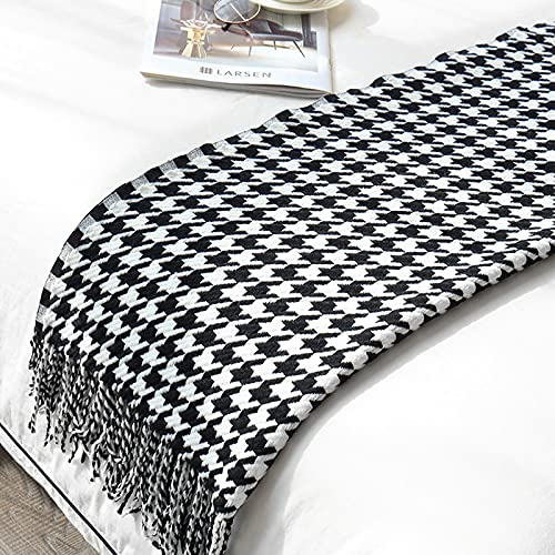 LumiSyne Gestrickte Decke Mit Quaste Hahnentritt Boho Kariert Kuscheldecke Strickdecke Tagesdecke Überwurf Couchdecke Dekorative Decke Für Sofa Bett 180x240cm