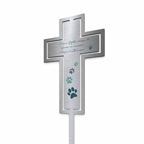 Edelstahl Grabstecker Kreuz Hund Katze - Blumenstecker Tier | Personalisierter Metall Grabschmuck wetterfest Tiere | Tiergrab Hundegrab Katzengrab Deko | Trauer Andenken (Festes Design)