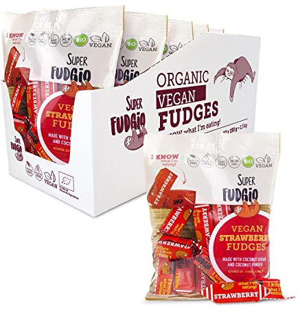 SUPER FUDGiO Bonbons végétaliens et sans gluten biologiques - Fraise - Bonbons aux ingrédients naturels - Sans huile de palme - Lait de coco et sucre de coco 100% biologiques | lot 10 x 150g | fraise