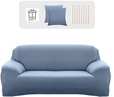 Lydevo Sofabezug 2 Sitzer Stretch Sofahusse Elastischer Sofabezug Spandex Sofa Überzug mit 2 Kissenbezug Anti-Rutsch Waschbar Sofa Protection Cover Schonbezug Couch,Blau Grau