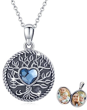 TRISHULA Baum Des Lebens Medaillon Kette für Foto Bilder S925 Sterling Silber Stammbaum Anhänger Blau Herz Kristall Baum Halskette Schmuck für Frauen