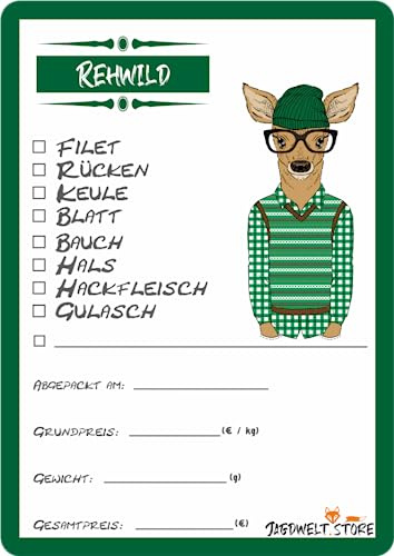 Wildbret Etiketten zur Kennzeichnung von Wildfleisch 6 x 9 cm Rehwild T-Shirt grün (100)