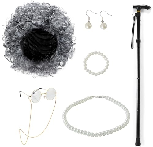 7tlg Oma Perücke Kostüm Set Alte Damen Kostuem Set, Fasching Großmutter Cosplay mit Peruecke , Brille, Brillenketten, Krücke, Perlenkette, Armband, Ohrring, Old Lady Kostümzubehör Set für Mädchen
