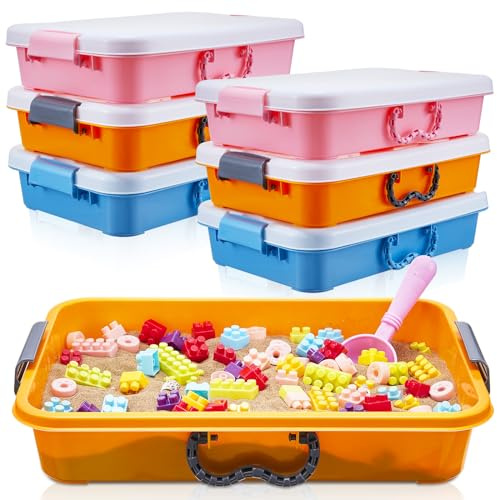 Suzile 6 bandejas de arena portátiles con tapa, pequeño contenedor sensorial colorido, bandeja de arena de plástico con asas, regalo para Navidad, contenedor de cuentas de arena de agua, 14.96 x 9.84