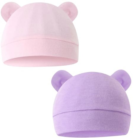 SamHeng Cappellino Unisex Neonato Confezione da 2 Capi in Cotone per Ospedale Neonatale Bambini 0-6 Mesi(Rosa+Viola)