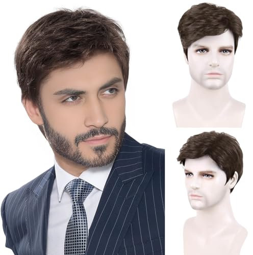 BECUS Perücken Herren Kurze Braune Perücken für Männer Seitenteil Synthetisches Naturhaar Perücken für Modemenschen Männer Weihnachten Halloween Alltagskleidung (Braun)
