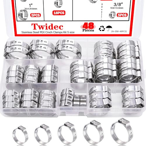 Twidec/48PCS 3/8,1/2,3/4,5/8,1 PEX Cinch Clamps Kit 5 size,Stainless Steel Pex Crimp Rings,Single Ear Hose Clamps For Pex Pipe Fitting Connections N-058-48PCS