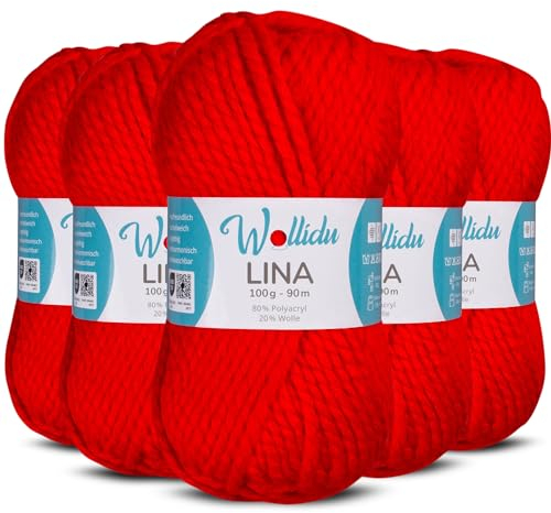 Wollidu Lina Wolle zum Stricken und Häkeln 500g 80% Polyacryl 20% Schafwolle Mulesing-frei Oeko-Tex 5x 100g/90m Häkelwolle/Strickwolle - Rot