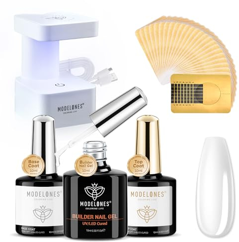 Modelones Builder Nail Gel Kit, 8-in-one Clear Builder Gel with Mini LED Nail Lamp& Nail Forms Set, Gel Top Coat Base Coat, Hard Gel Builder for Nails Extension Strengthener Base Gel in a Bottle