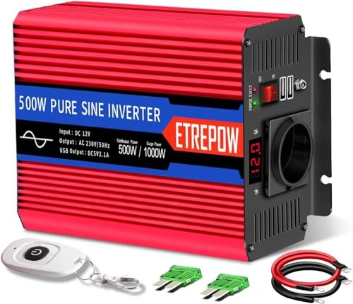 ETREPOW 500w Power Inverter 12v 220v Onda Sinusoidale Pura Convertitore di Tensione Con Prese EU e due 2,1A USB, Telecomando Senza Fili,Display Digitale e Ventilatori,Picco 1000w Trasformatore