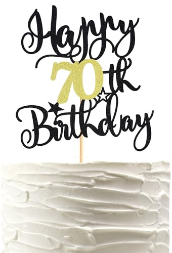 Arthsdite Tortenaufsatz Happy 70th Birthday, Cheers to 70 Years Birthday, Kuchendekoration für 70. Geburtstag, Party-Kuchendekorationen – Schwarz / Gold, Glitzer, 1 Stück