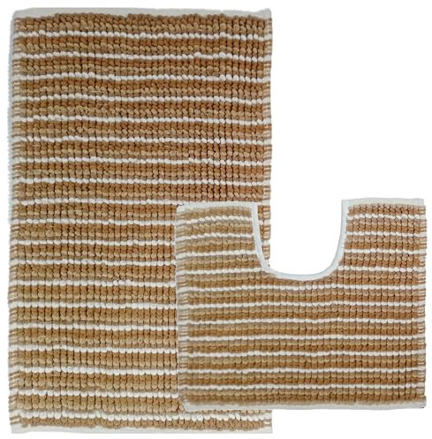 Olivia Rocco Amalfi 2 Piece Bath Mat Set Extra Soft Easy Care Plush Bath Rug + Toilet Mats Super Soft Cotton Water Absorbent Pedestal Bathmat For Bathroom Toilet Shower, Natural